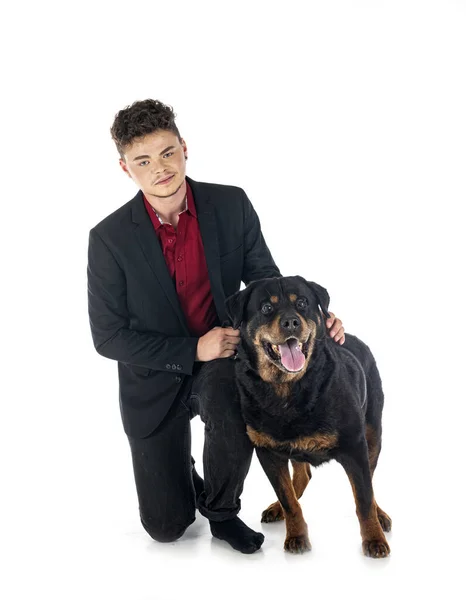 Purebred Old Rottweiler Fourteen Year His Owner Front White Background — Foto de Stock