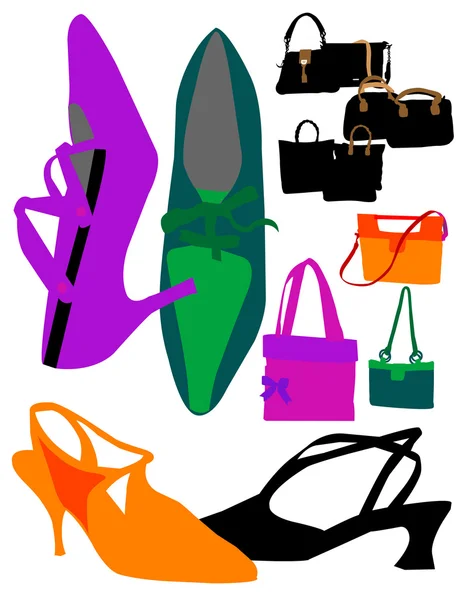 Illustration set of women's shoes and bags — Stock Vector
