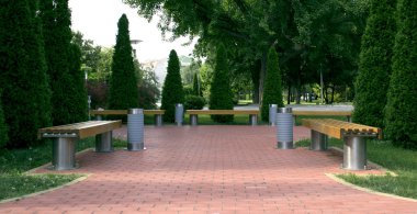 Patikaları, ağaçları ve bankları olan güzel bir park.