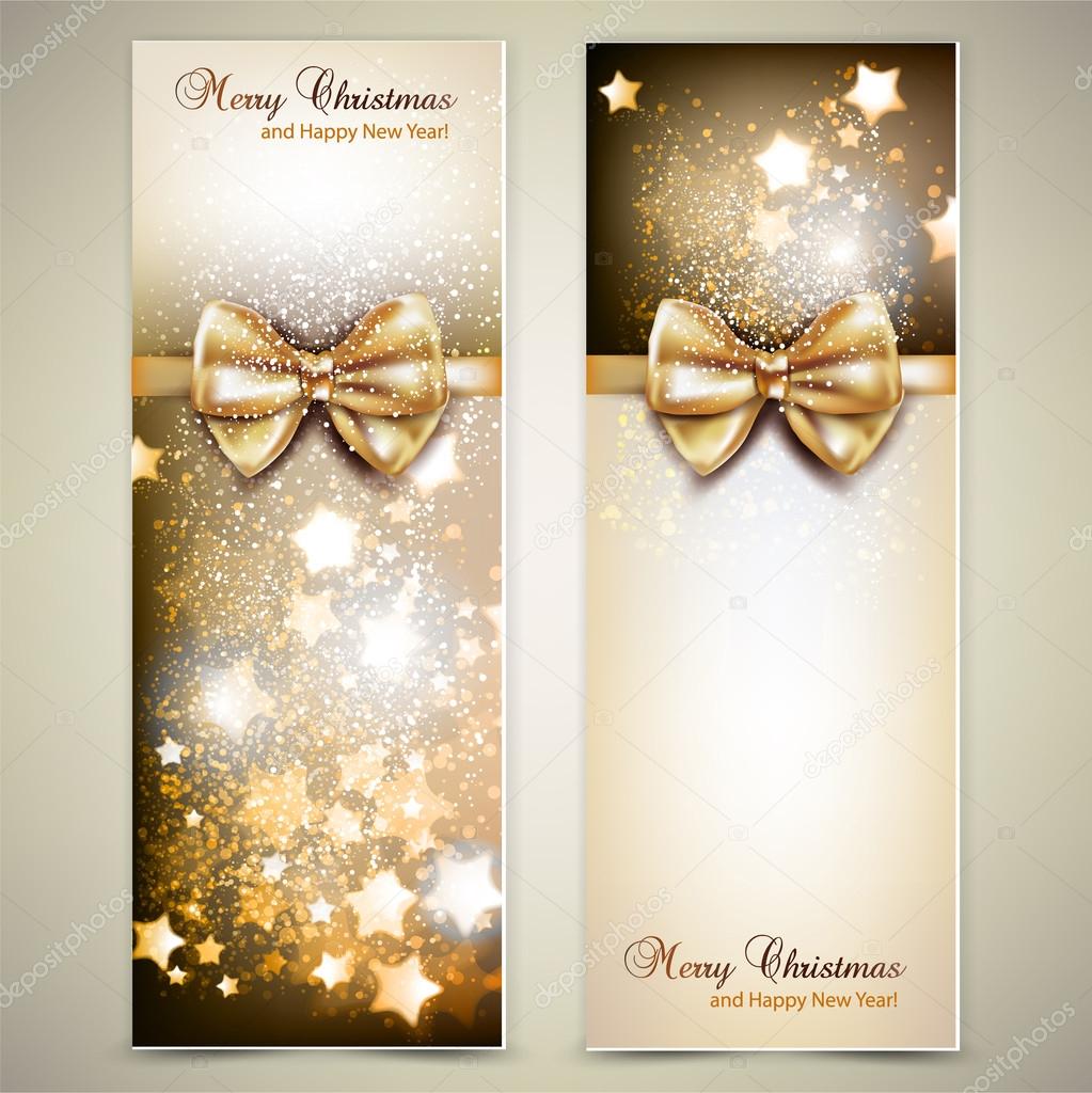 Greeting cards with golden bows and copy space. Vector illustrat