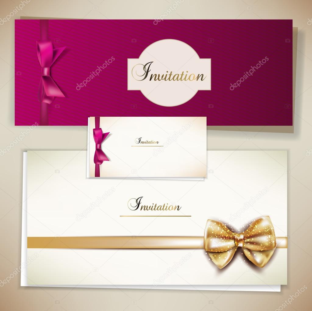 Collection of gift cards and invitations with ribbons. Vector ba