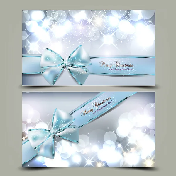 Cartões de Natal elegantes com arcos azuis e lugar para te Vetores De Stock Royalty-Free