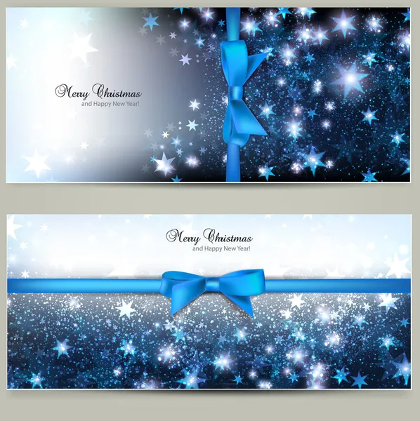 Elegante kerstkaarten met blauwe bogen en plaats voor te — Stockvector