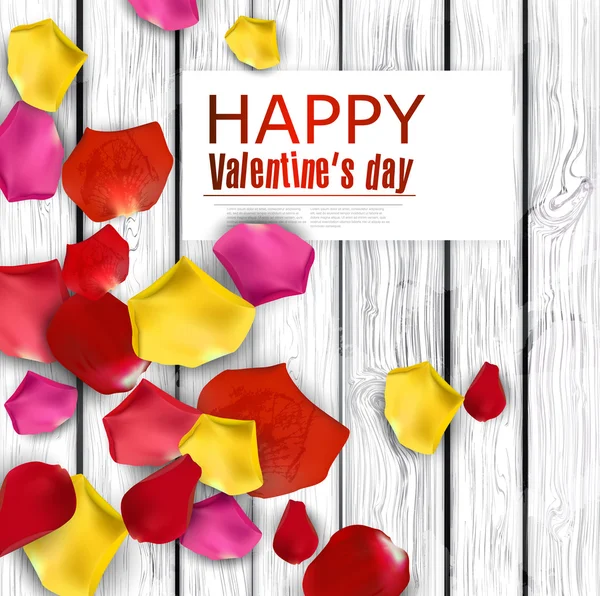 Beautiful colorful rose petals on wooden texture. Happy Valenti — Stock Vector