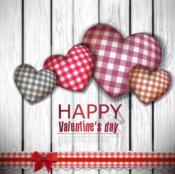 Rode doek handgemaakte harten op houten achtergrond. de dag van Valentijnskaarten. — Stockvector