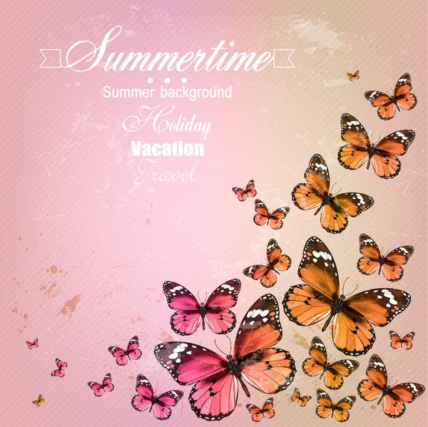 Fondo de verano vintage colorido con mariposa. Papel grunge — Archivo Imágenes Vectoriales