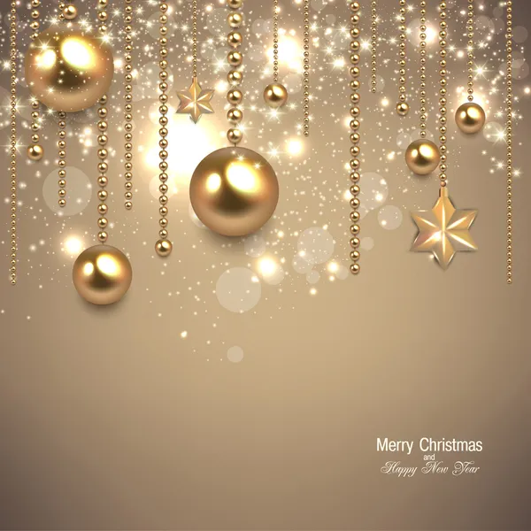 Elegante fondo navideño con adornos dorados y estrellas . — Vector de stock