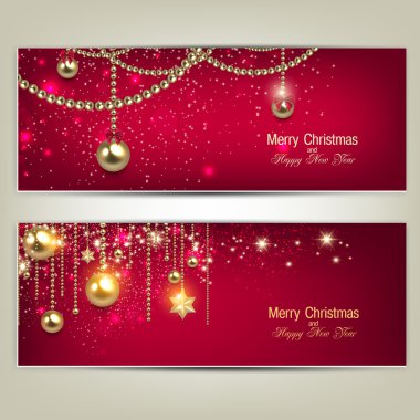 zarif kırmızı yılbaşı Banner ile altın baubles ve sta kümesi