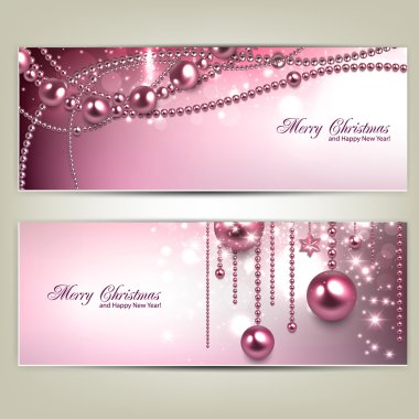 şık yılbaşı Banner baubles ve yıldız kümesi. vektör