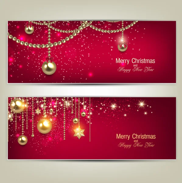 Set eleganter roter Weihnachtsbanner mit goldenen Kugeln und — Stockvektor