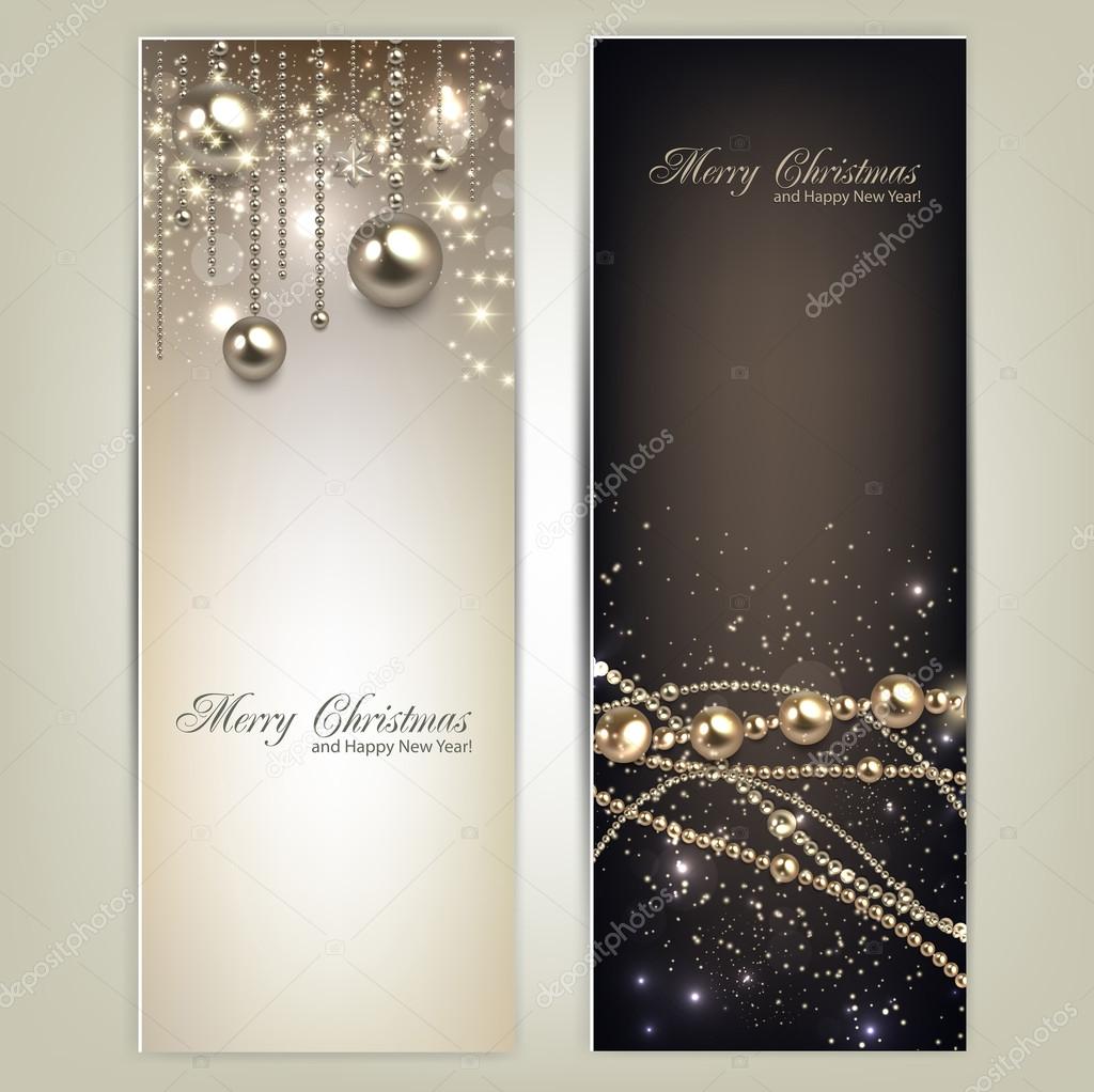 Elegant christmas banners with golden baubles and stars Vector — Stock Vector