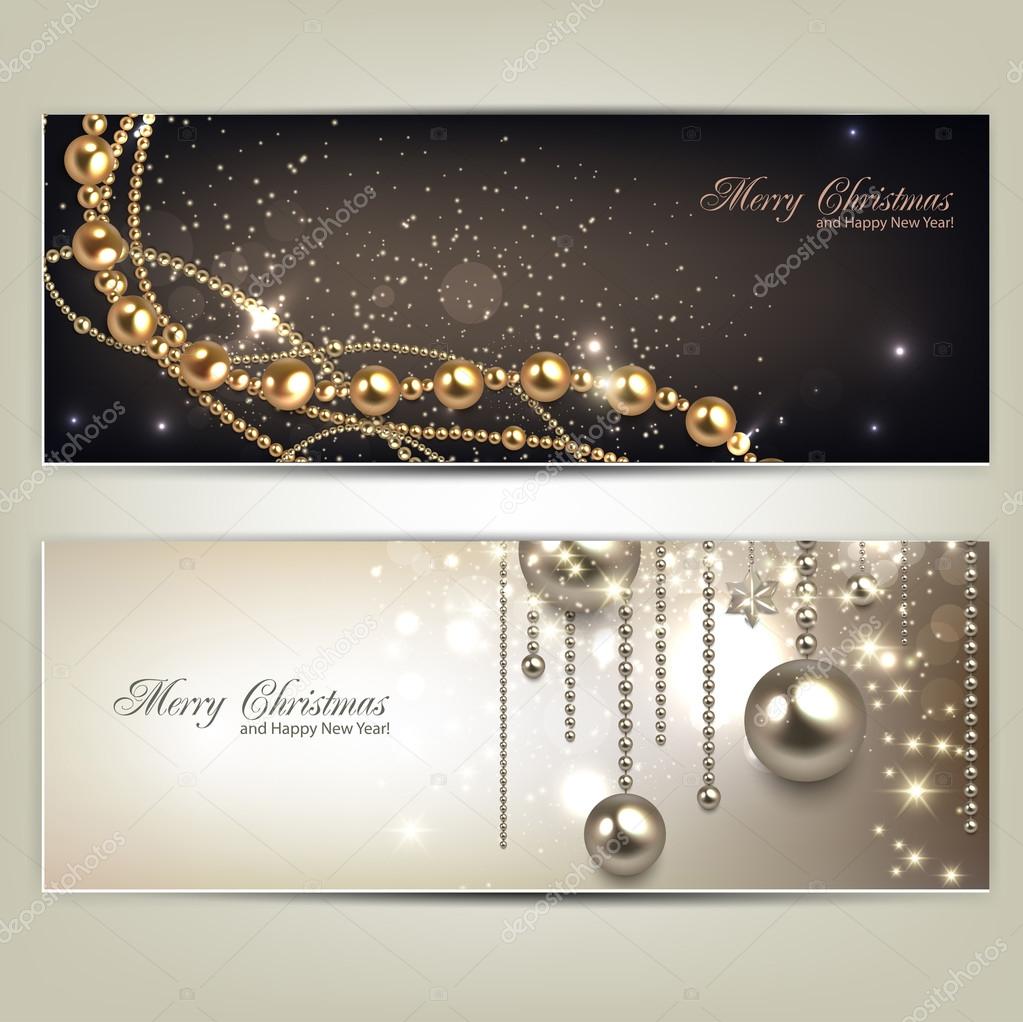 Elegant christmas banners with golden baubles and stars. Vector
