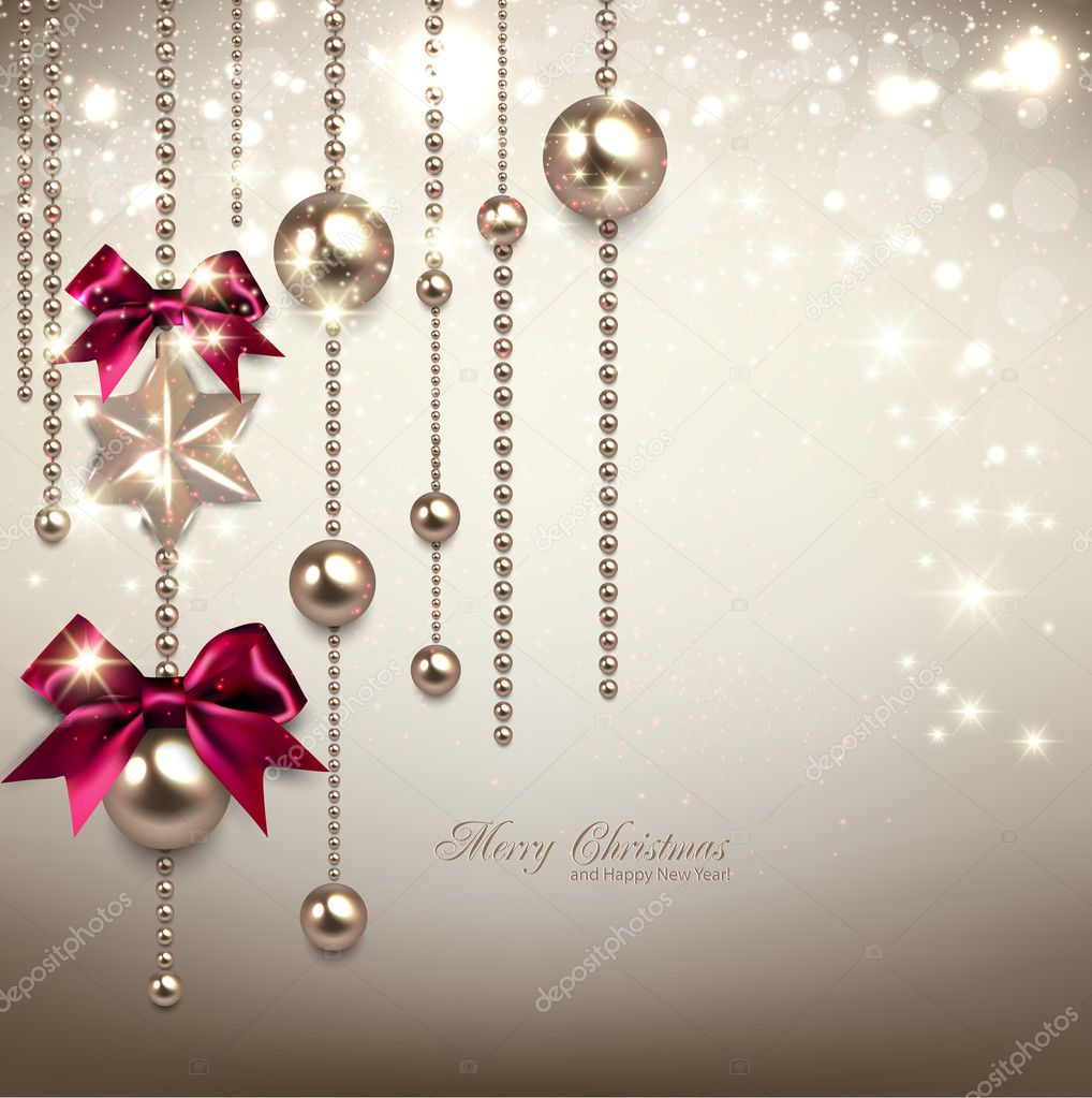 Elegant Christmas background with red ribbons and golden garland