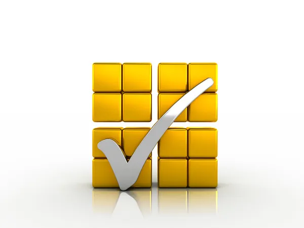 Silver check mark and golden cubes — Stock Photo, Image