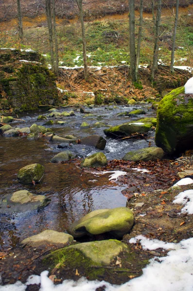 Winter is beginning at mountain river. — Stock Photo, Image