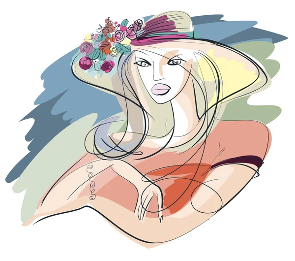 Portrait d'une jeune femme en chapeau de paille d'été — Image vectorielle