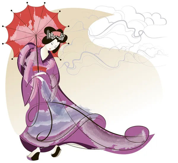 Geisha in pink kimono — Stock Vector