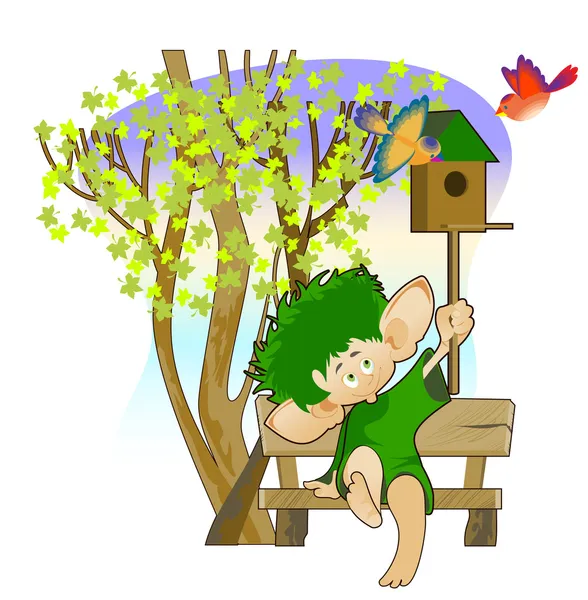 Little leprechaun with a birdhouse Stock Illustration