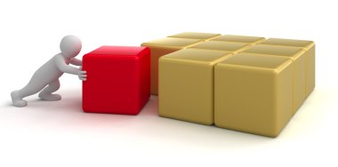 3D insansı karakter push kırmızı bir kutu