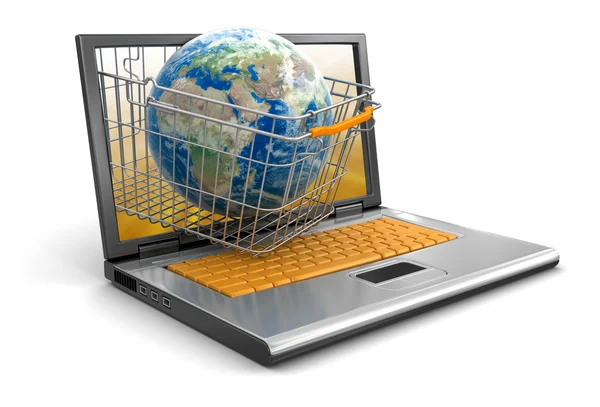 Laptop, Cesta de Compras e Globo — Fotografia de Stock