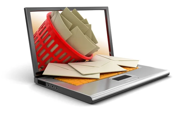 Laptop, cestino della spazzatura e lettere — Foto Stock