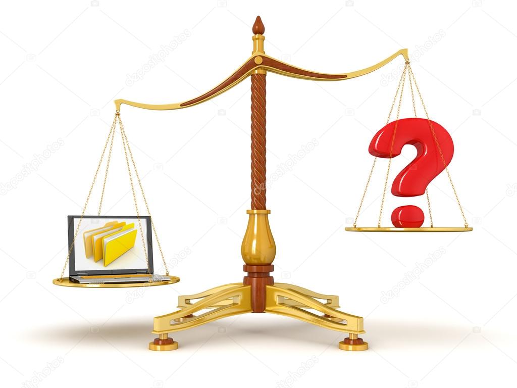 Justice scale with laptop and question mark