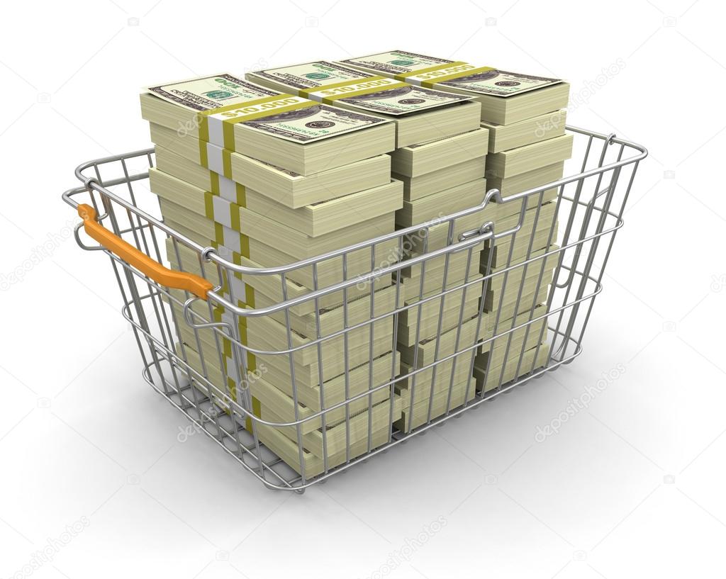 Shopping Basket and Pile of Dollars
