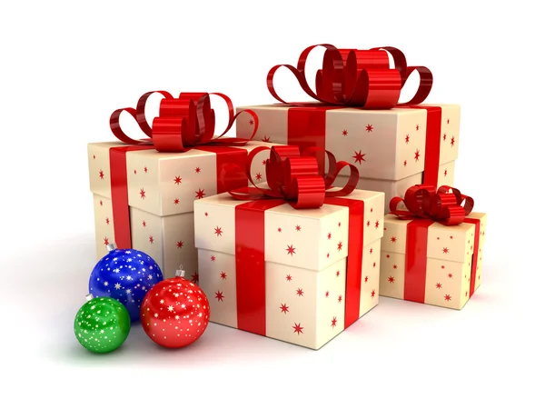 Κουτιά δώρων και μπάλες Χριστουγέννων — Φωτογραφία Αρχείου