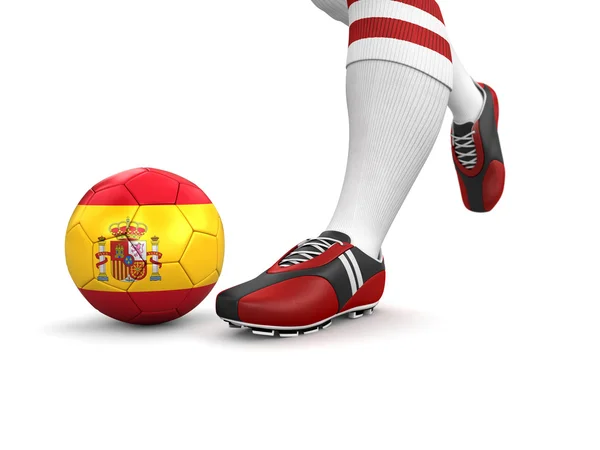 Człowiek i piłka nożna piłka z hiszpańską flagę — Zdjęcie stockowe