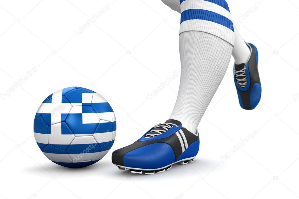 Man and soccer ball with Greek flag