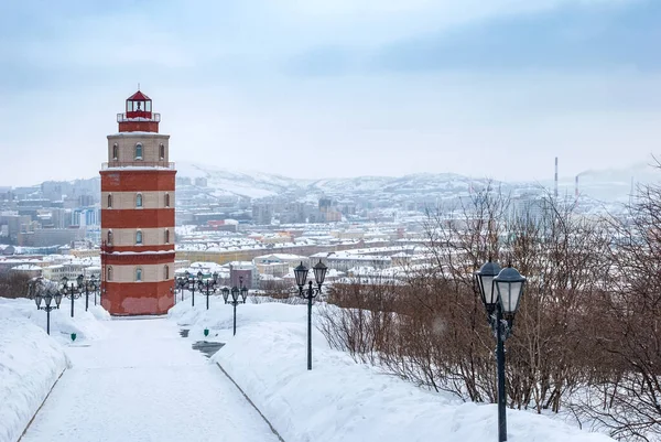 Murmansk City Winter Lighthouse Memorial Sailors Who Died Peacetime Kola — Stock Photo, Image