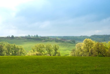 Spring rural landscape. Green fields and forests against a background of blue sky and clouds.