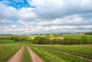 Rural dirt road in rural areas. Green fields, trees and a sky with beautiful clouds. Beautiful spring landscape.