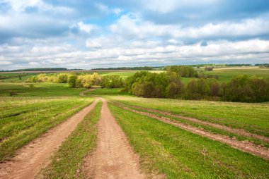 Rural dirt road in rural areas. Green fields, trees and a sky with beautiful clouds. Beautiful spring landscape.