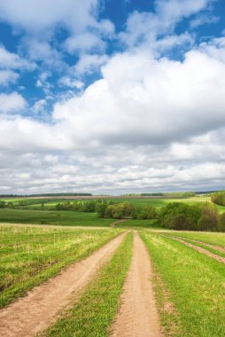 Rural dirt road in rural areas. Green fields, trees and a sky with beautiful clouds. Beautiful spring landscape.