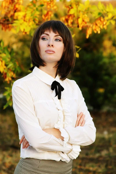 Retro brunetka dama w parku jesień — Zdjęcie stockowe