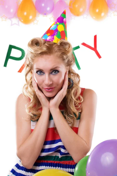 Sorprendido pinup chica con globos y palabra de fiesta —  Fotos de Stock