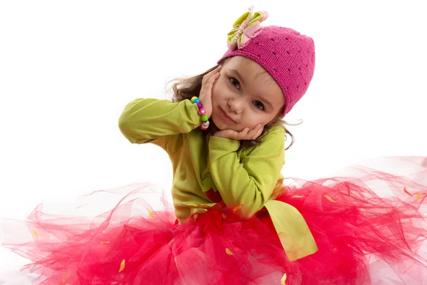 Meisje in tutu en muts met vlinder — Stockfoto