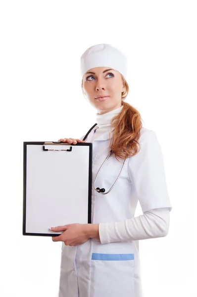 Doctor woman with stethoscope and papers with blank space Royalty Free Stock Images