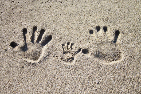 Impressões da palma da família na areia — Fotografia de Stock