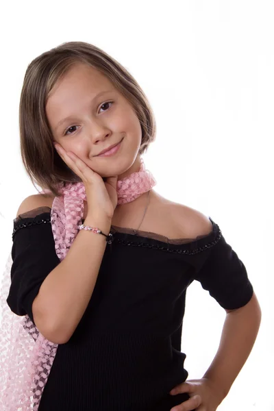 Linda menina de sete anos no branco — Fotografia de Stock