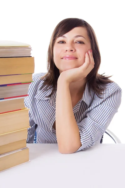 Lachende student meisje met stapel boeken — Stockfoto