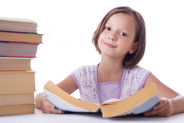 Menina bonita com pilha de livros — Fotografia de Stock