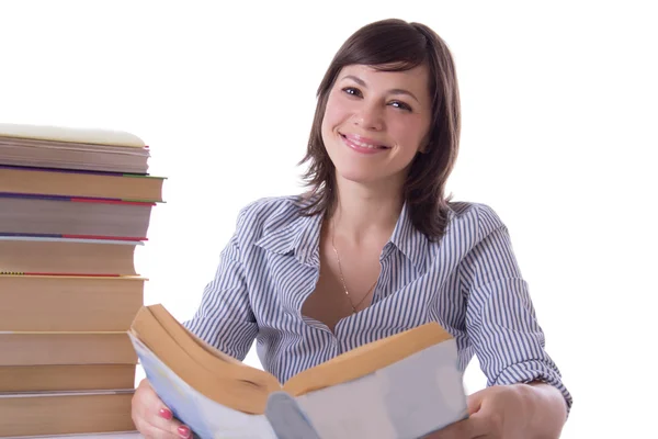 Souriant étudiant fille avec pile de livres — Photo