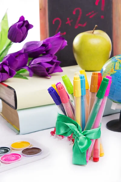 Stationary with flowers and books isolated — Stock Photo, Image