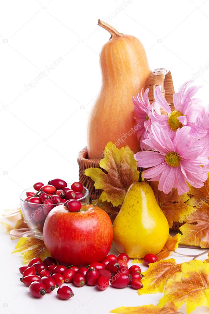 Autumn fruits and vegetables in basket
