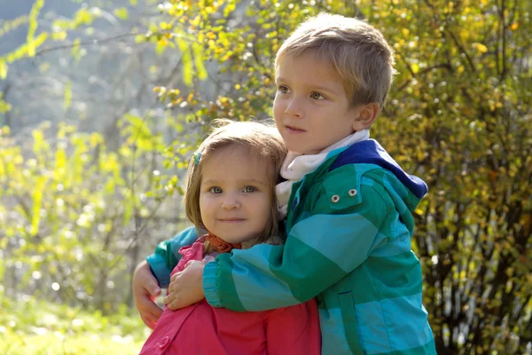 Hermano abrazando hermana en otoño parque —  Fotos de Stock