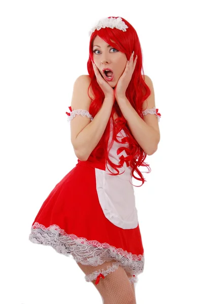 Verleidelijke rood-headed dienstknecht meisje met geschokt gezicht — Stockfoto