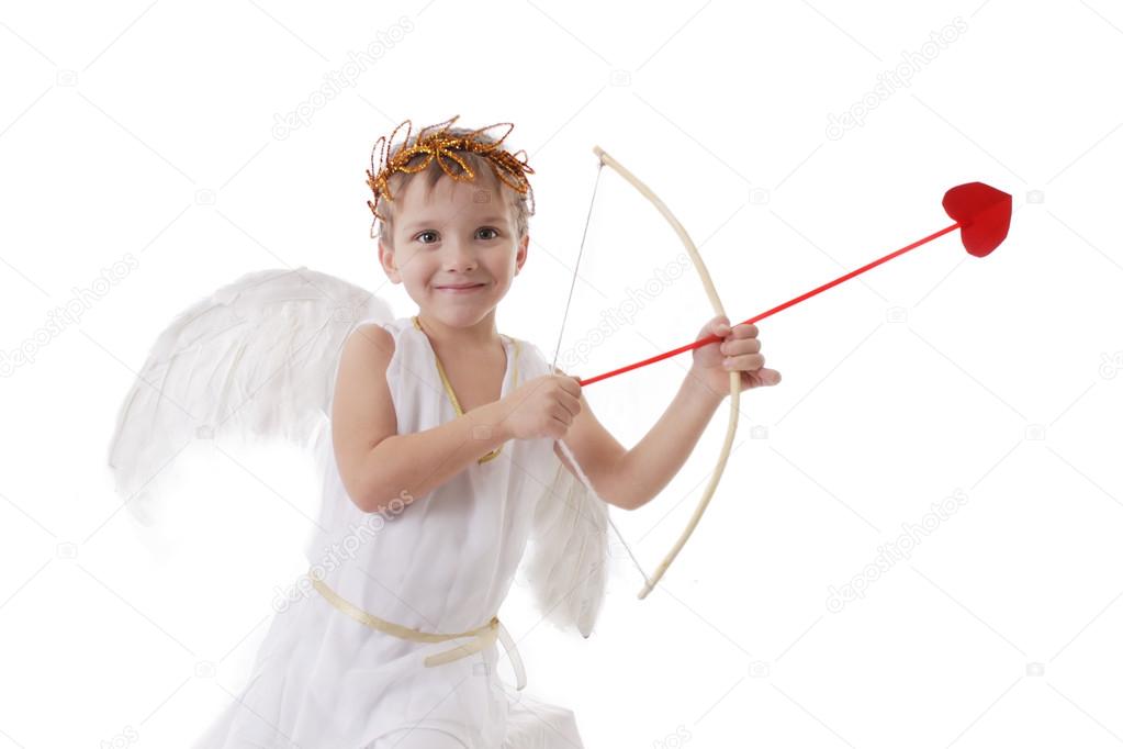 Smiling cupid boy aiming arrow