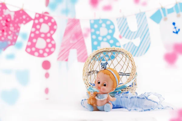 Aranyos baba elemek-word baba és kék játék — Stock Fotó